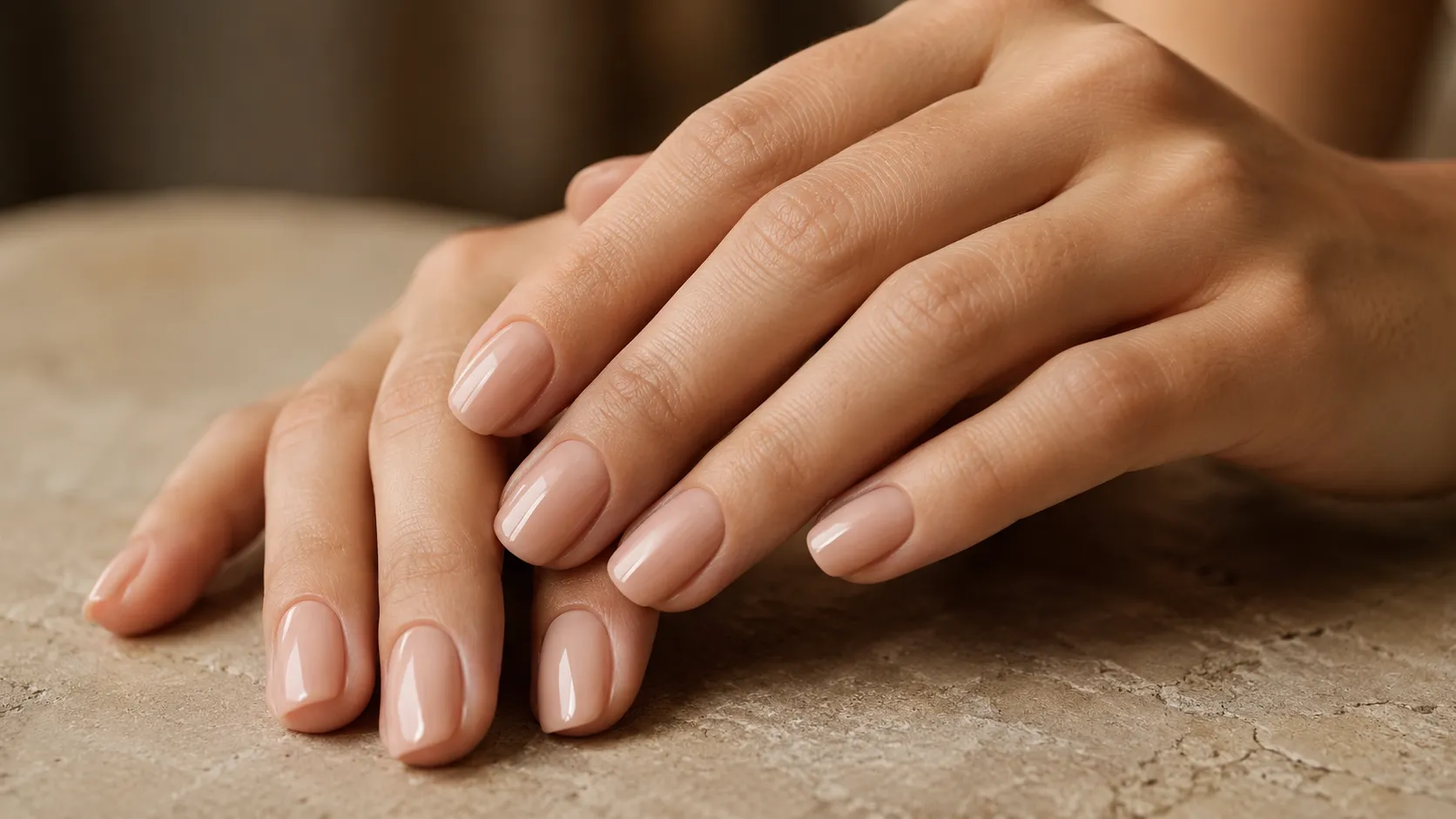 Softly manicured nude nails resting on warm travertine stone