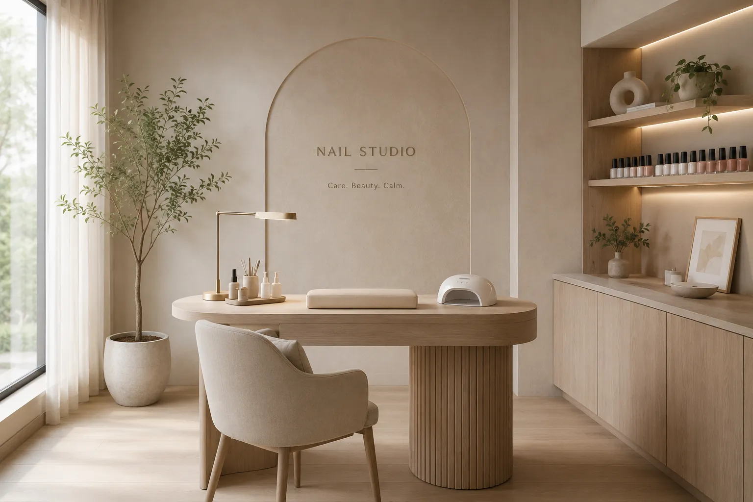 The calm, warm-toned interior of Polished Nail Studio with a fluted timber manicure table